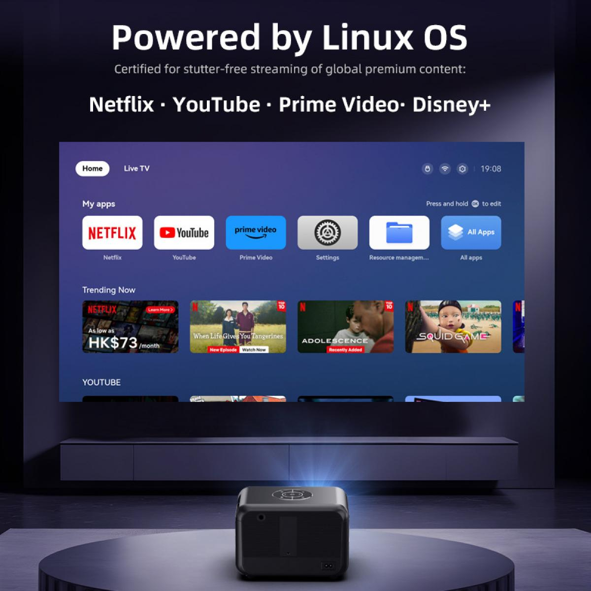 Ein Projektor wirft ein Bild mit einer Benutzeroberfläche eines Smart-TVs mit Apps wie Netflix, YouTube, Prime Video.