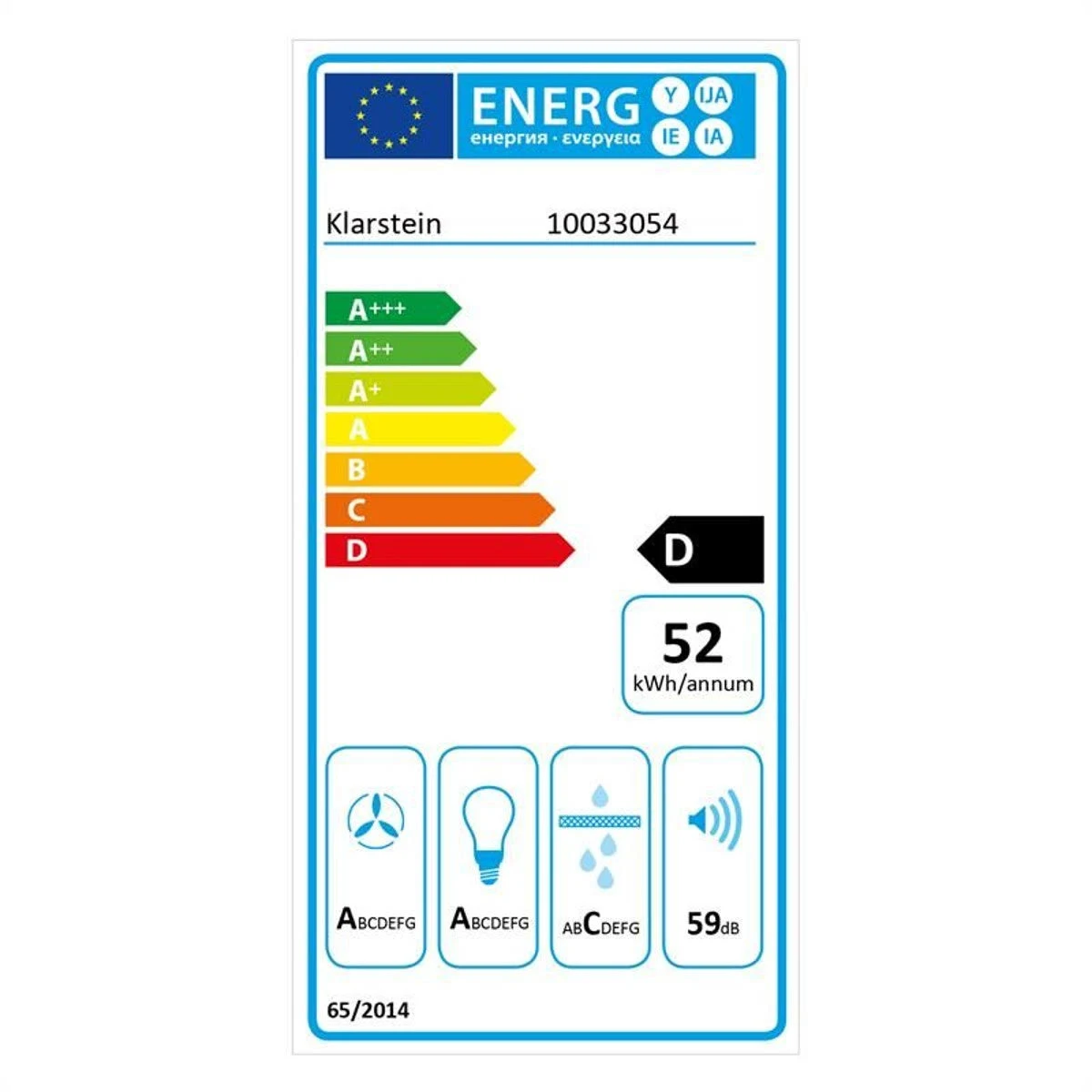 Etiqueta energética Klarstein, Clase D, 52 kWh/año, Ruido 59 dB.