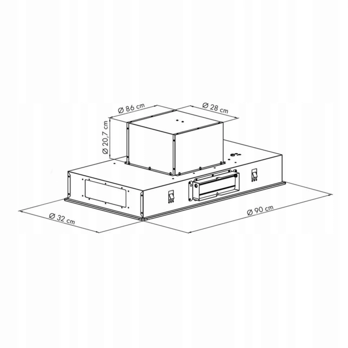 Diagrama de dimensiones de una caja de campana extractora, mostrando medidas de ancho, alto y profundidad.