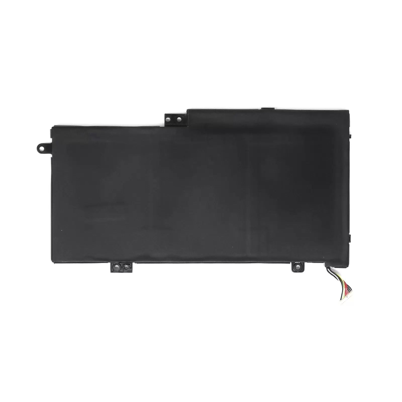 Schwarzer Laptop-Akku mit Kabeln, weißer Hintergrund.