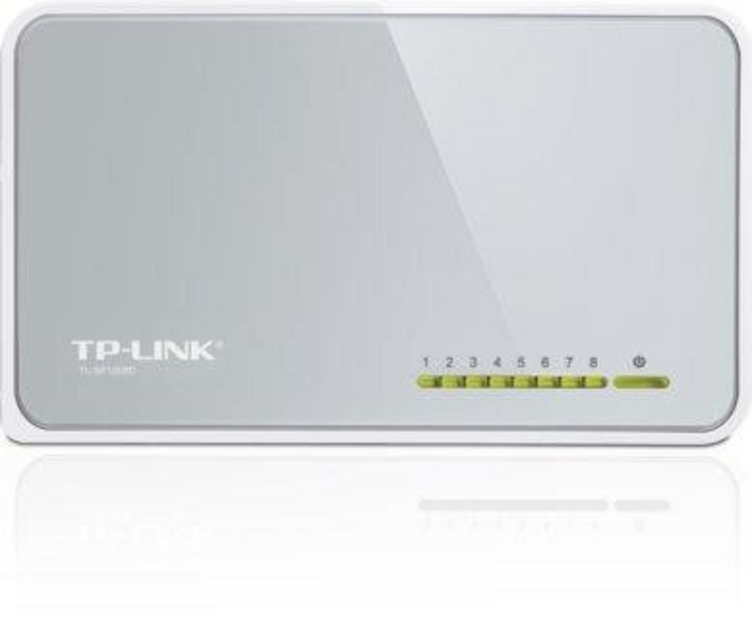 Ein schlanker, weißer TP-Link Netzwerk-Switch mit 8 Anschlüssen und LEDs.
