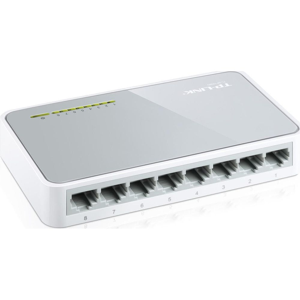 Ein weißer 8-Port-TP-Link-Netzwerk-Switch mit Lizenzen und Anschlüssen.