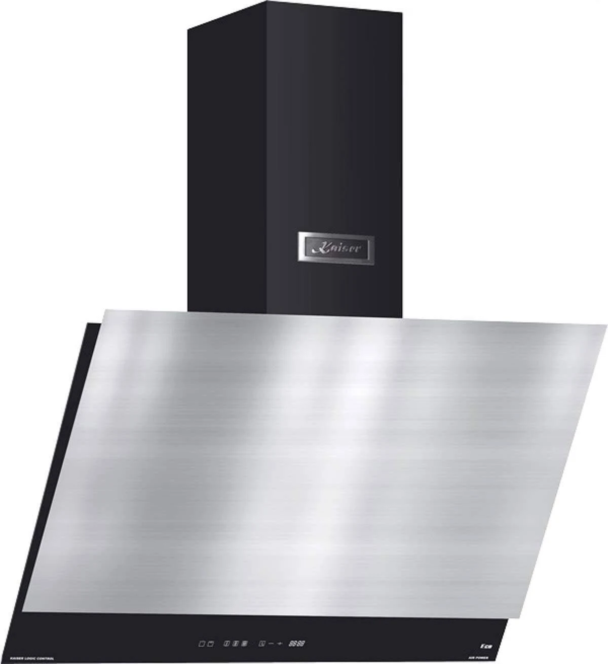 Campana extractora de chimenea negra con dosel de acero inoxidable y logo plateado.
