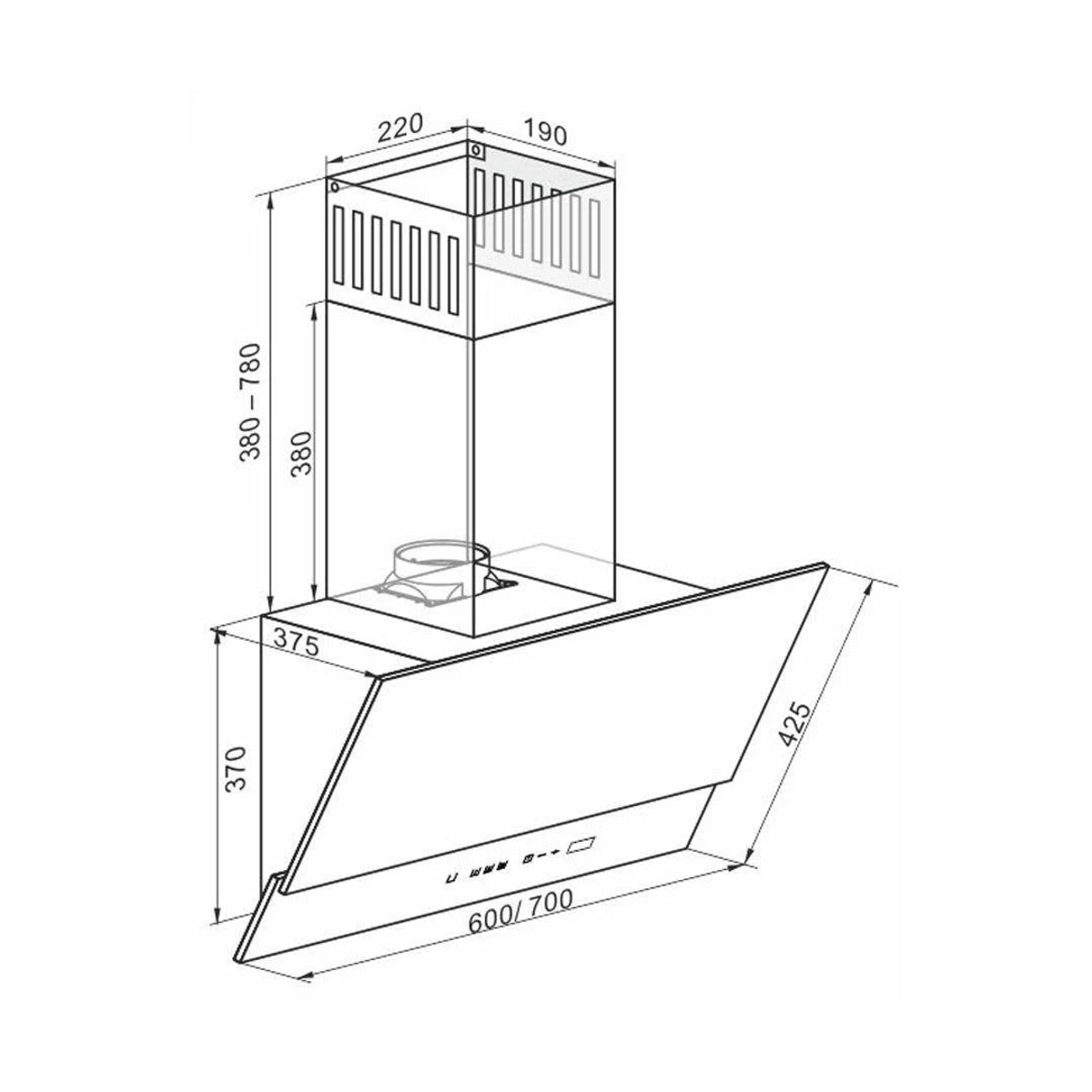 Dibujo técnico de una campana extractora con dimensiones.