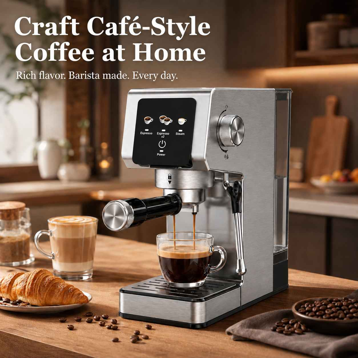 Eine silberne Espressomaschine brüht Kaffee in eine GlasTasse, daneben ein Croissant.