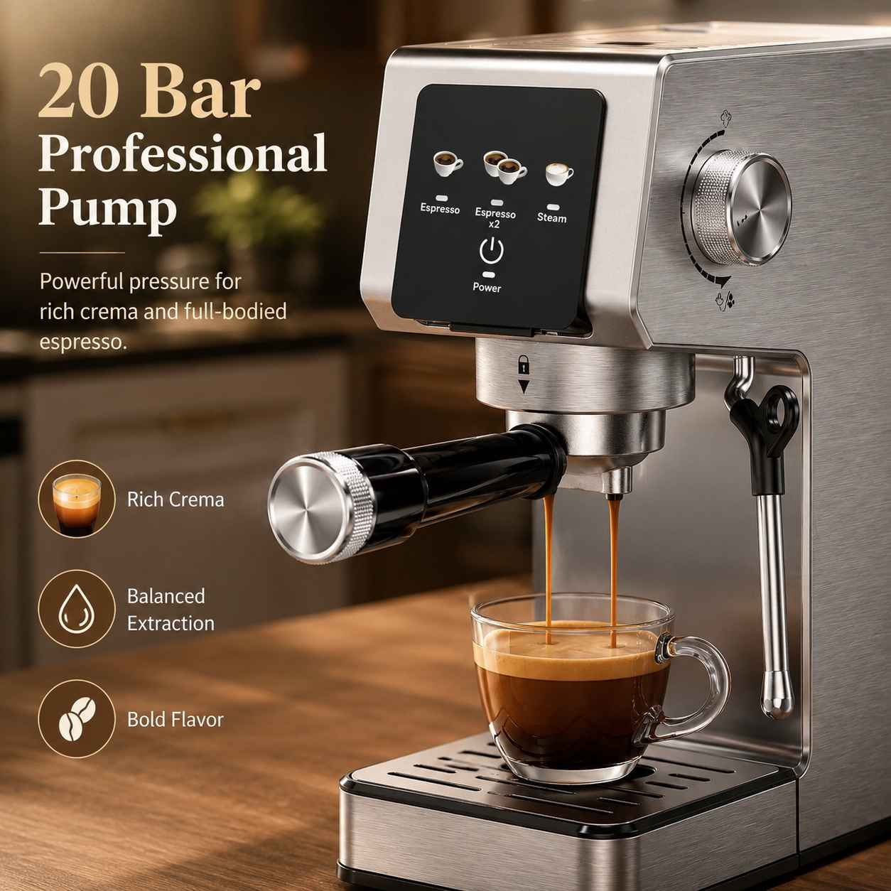 Eine Espressomaschine brüht Espresso in eine Glas Tasse. Der Text beschreibt 20 Bar Pumpendruck.