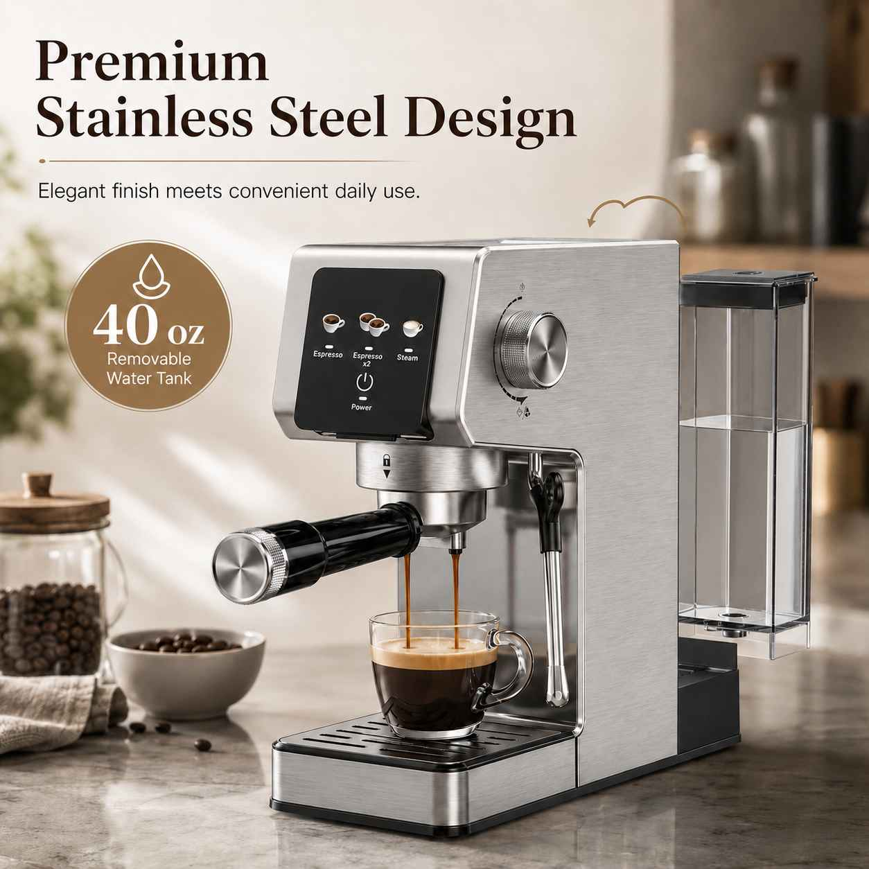 Edelstahl-Espressomaschine mit Wasserbehälter, die Espresso zubereitet.