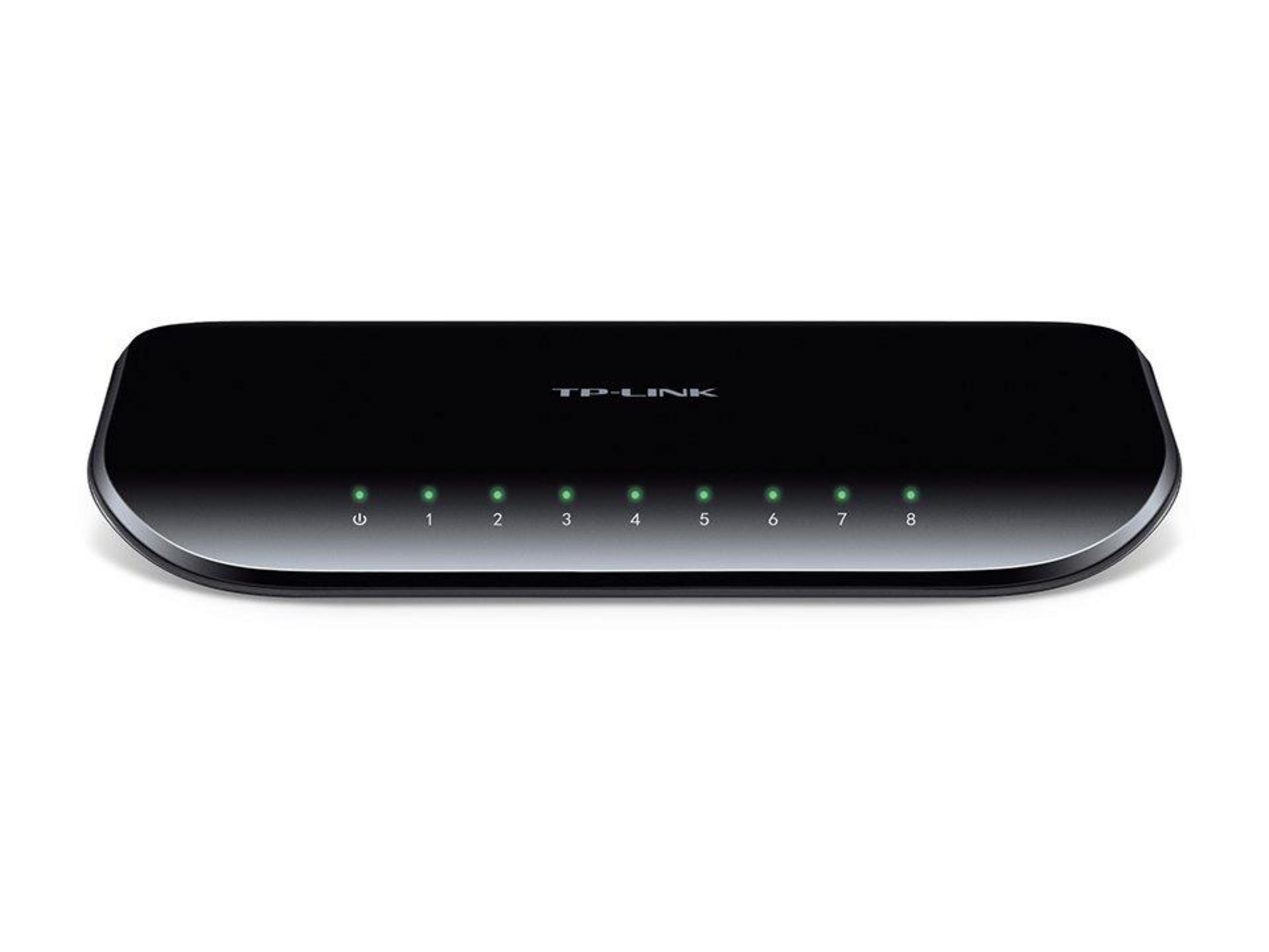 Ein schwarzer 8-Port-TP-Link-Netzwerk-Switch mit grünen LED-Anzeigen.