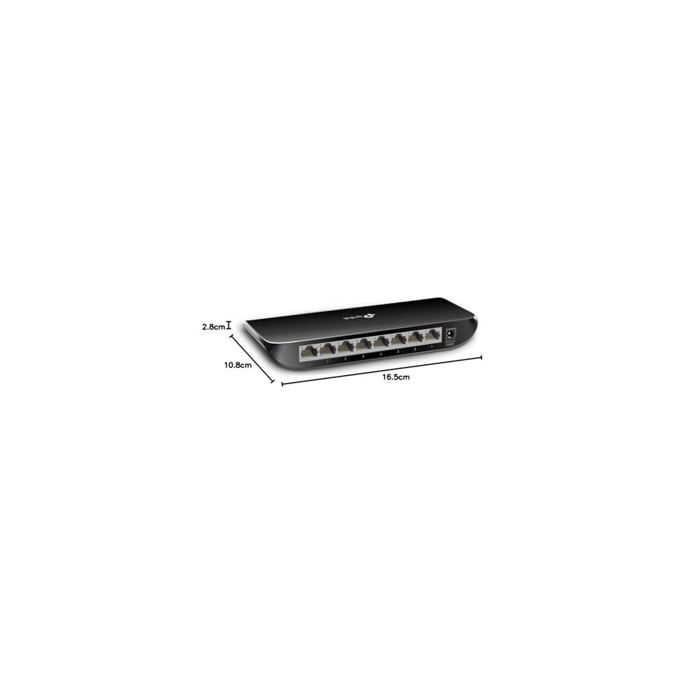 Schwarzer 8-Port-Netzwerk-Switch mit Maßen 16,5 x 10,8 x 2,8 cm.