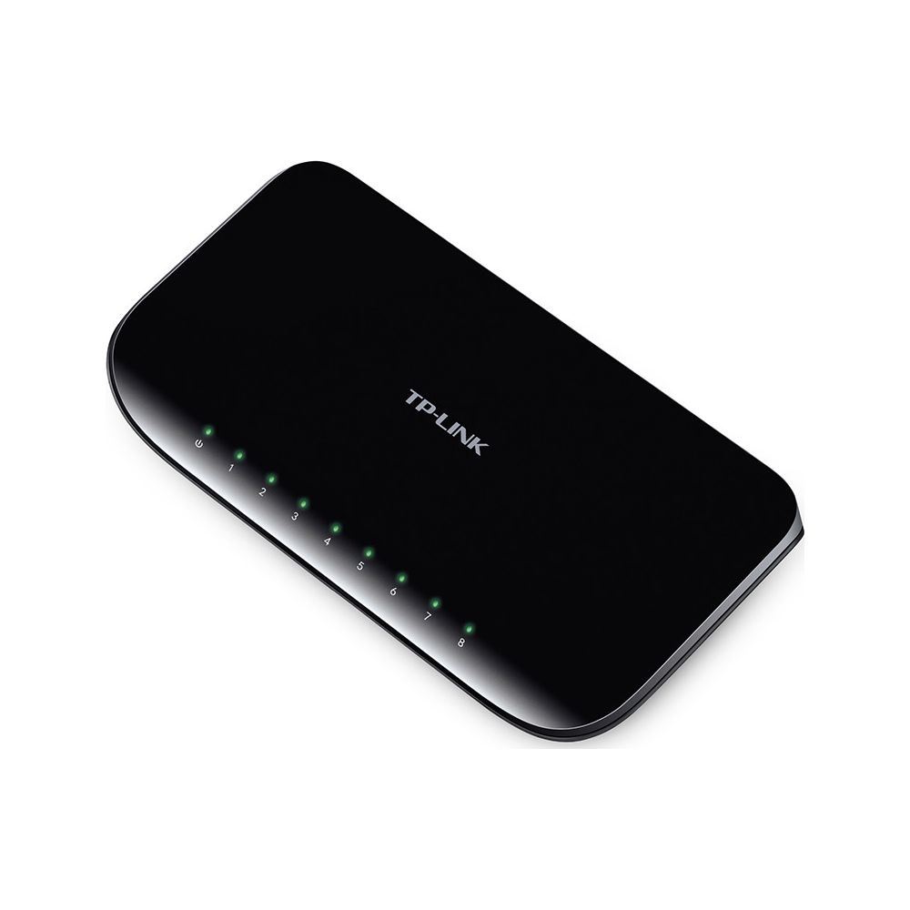 Ein schwarzer TP-Link Netzwerk-Switch mit 8 Ports und grünen Indikatorleuchten.