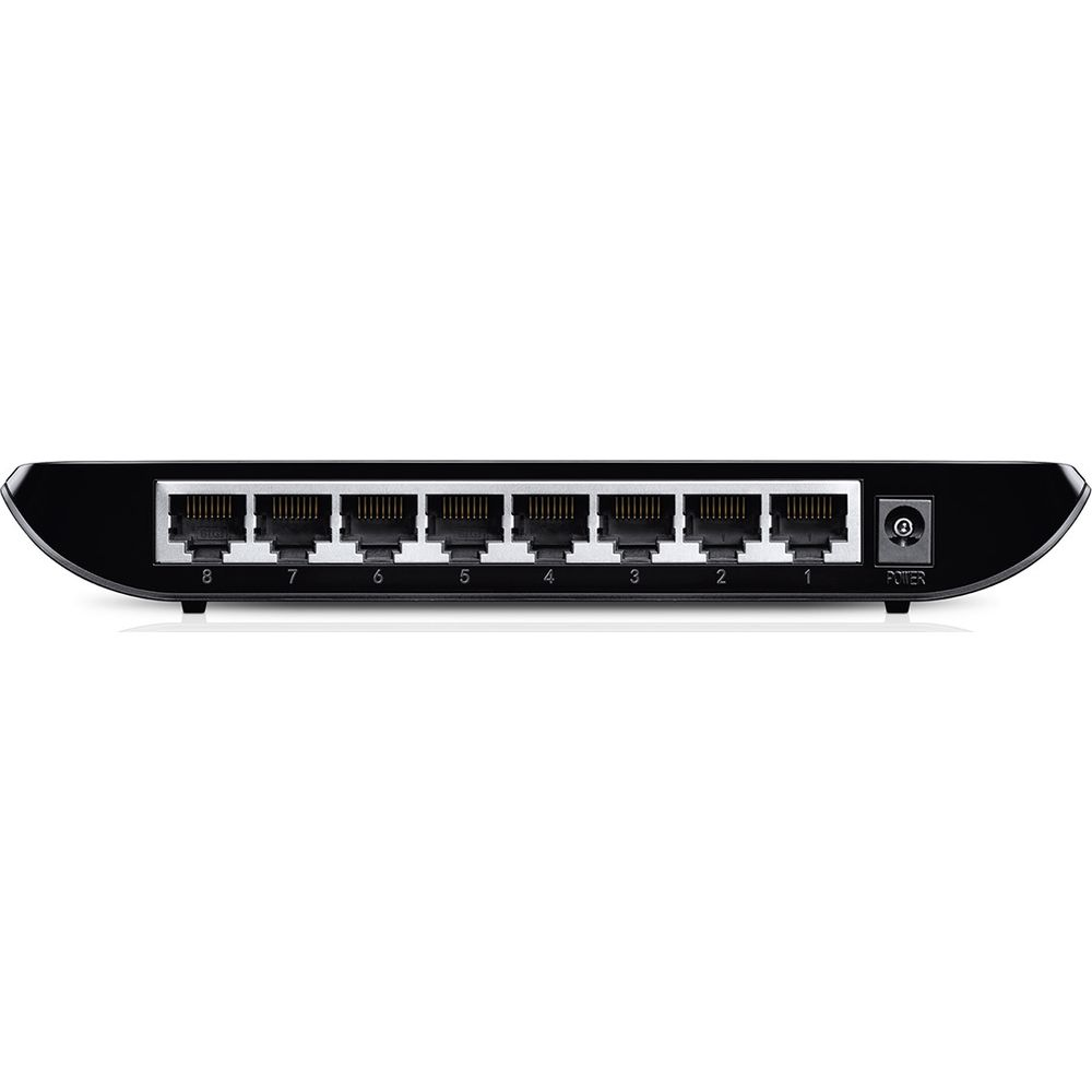 Ein schwarzer Netzwerk-Switch mit 8 Ports und einem Stromanschluss.