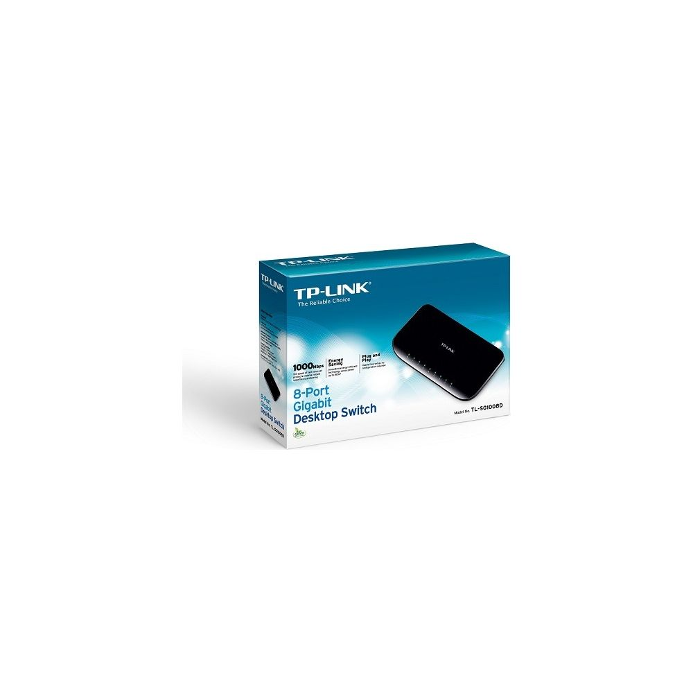 TP-Link 8-Port Gigabit Desktop Switch Karton mit Produktbild und Text.
