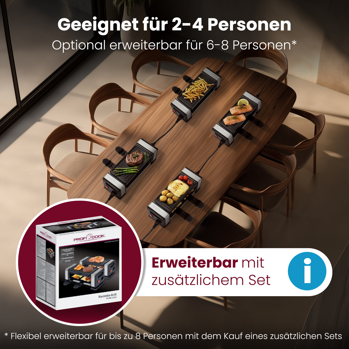 Ein Raclette-Grill für 2-4 Personen steht auf einem Holztisch mit Speisen.