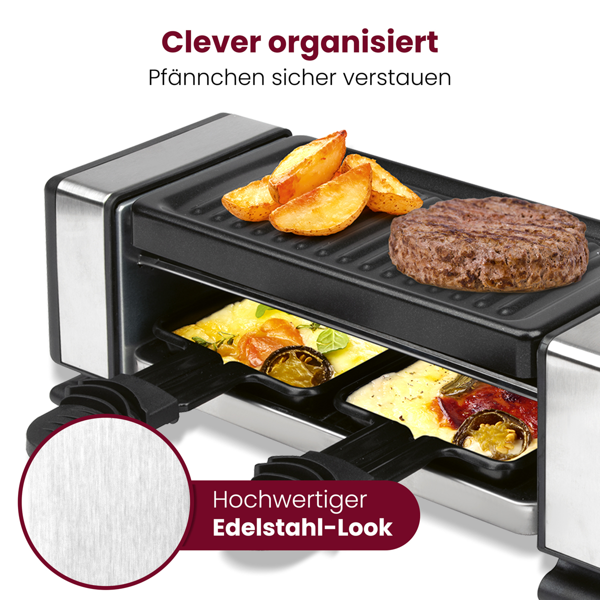 Ein Raclette mit Kartoffelspalten, Burger-Patty und Käse in Pfännchen.