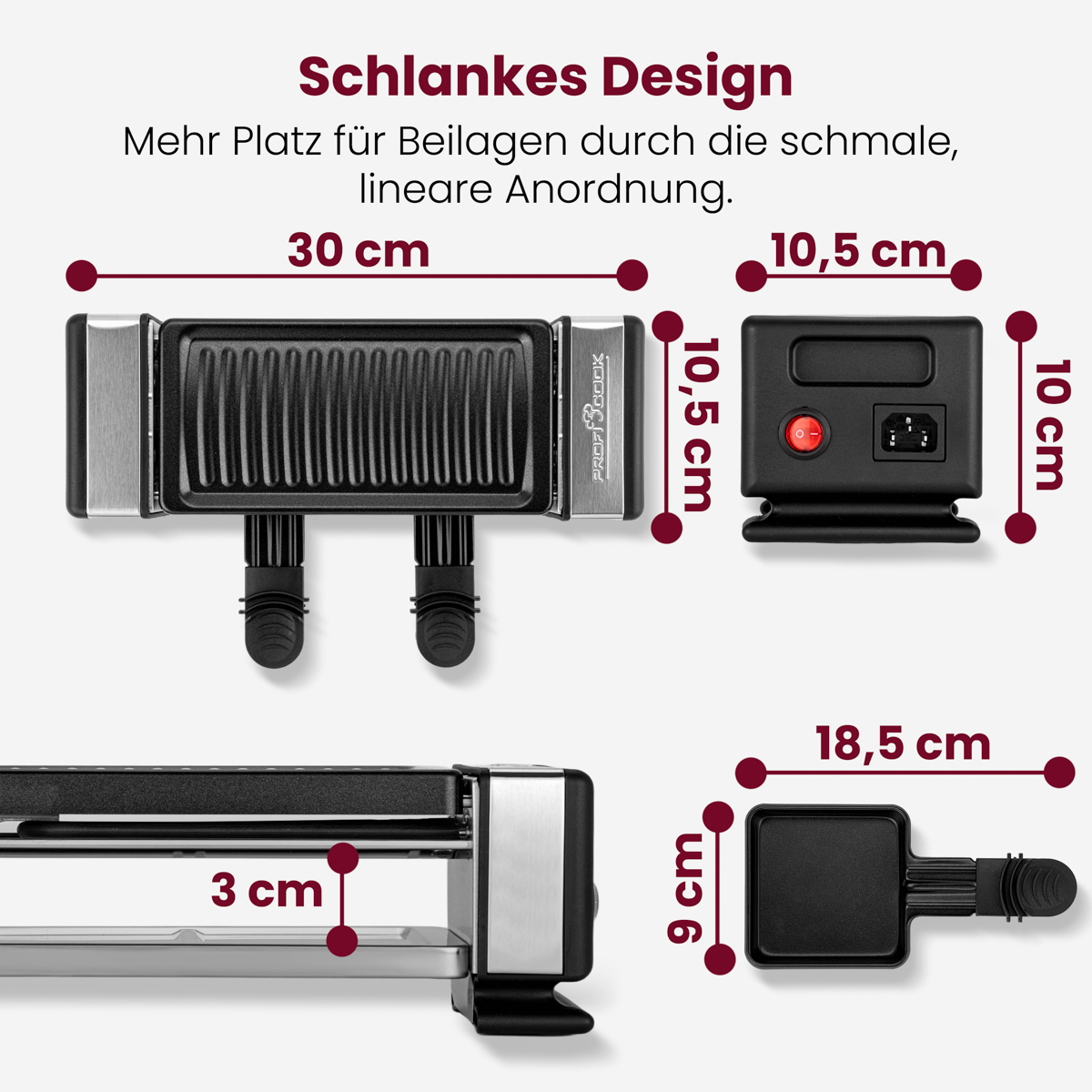 Schlankes Design: Grill (30x10,5x10cm), Netzteil (10,5x10,5x10cm), Pfanne (18,5x9x9cm).