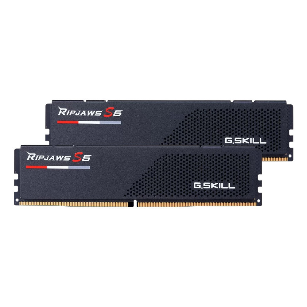Dwa czarne moduły RAM G.Skill Ripjaws S5 obok siebie na białym tle.