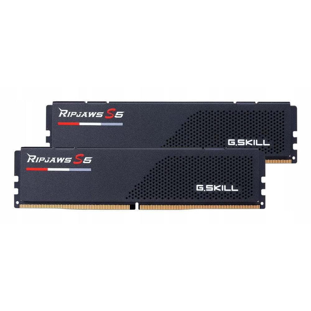 Dwa czarne moduły RAM G.Skill Ripjaws S5 ze złotymi złączami na białym tle.