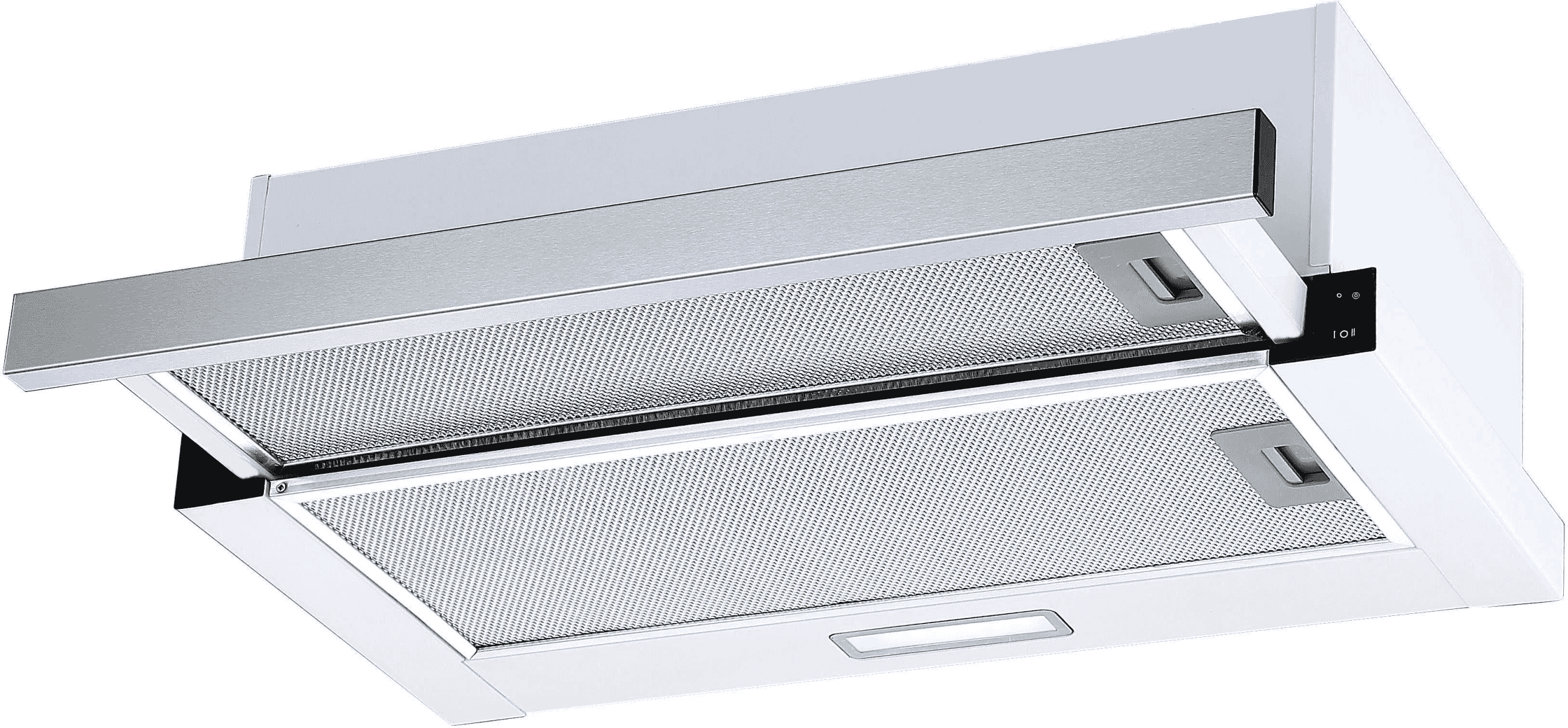 A white kitchen hood with metal filters and control buttons on the side.