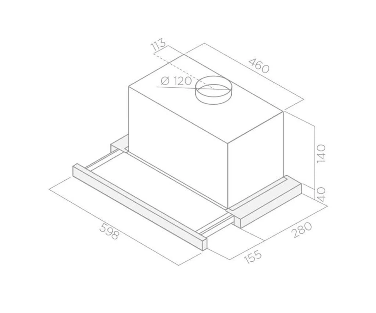 Technical drawing of a cooker hood with dimensions.