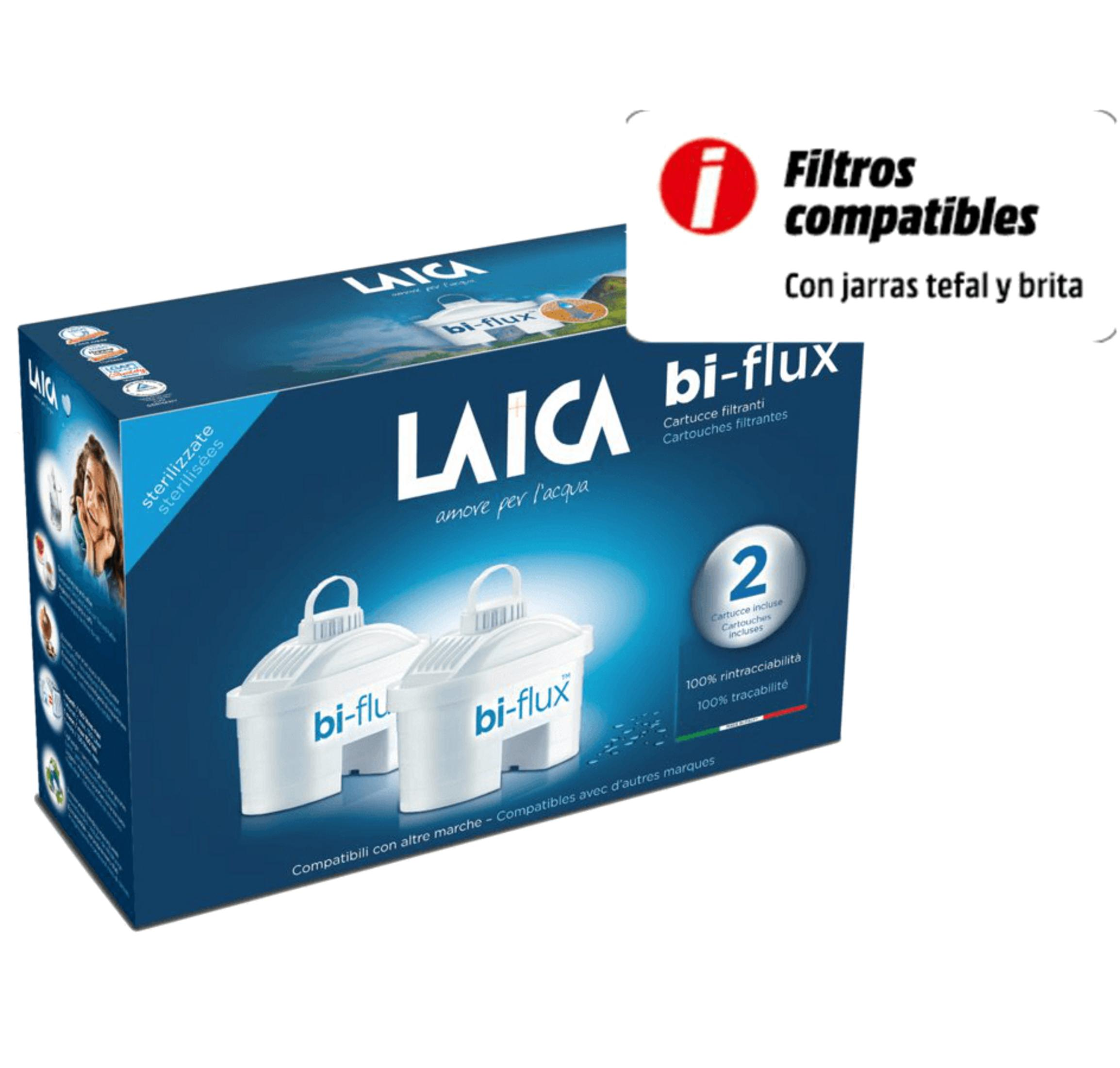 Confezione filtro acqua LAICA bi-flux con due filtri bianchi e dettagli del prodotto.