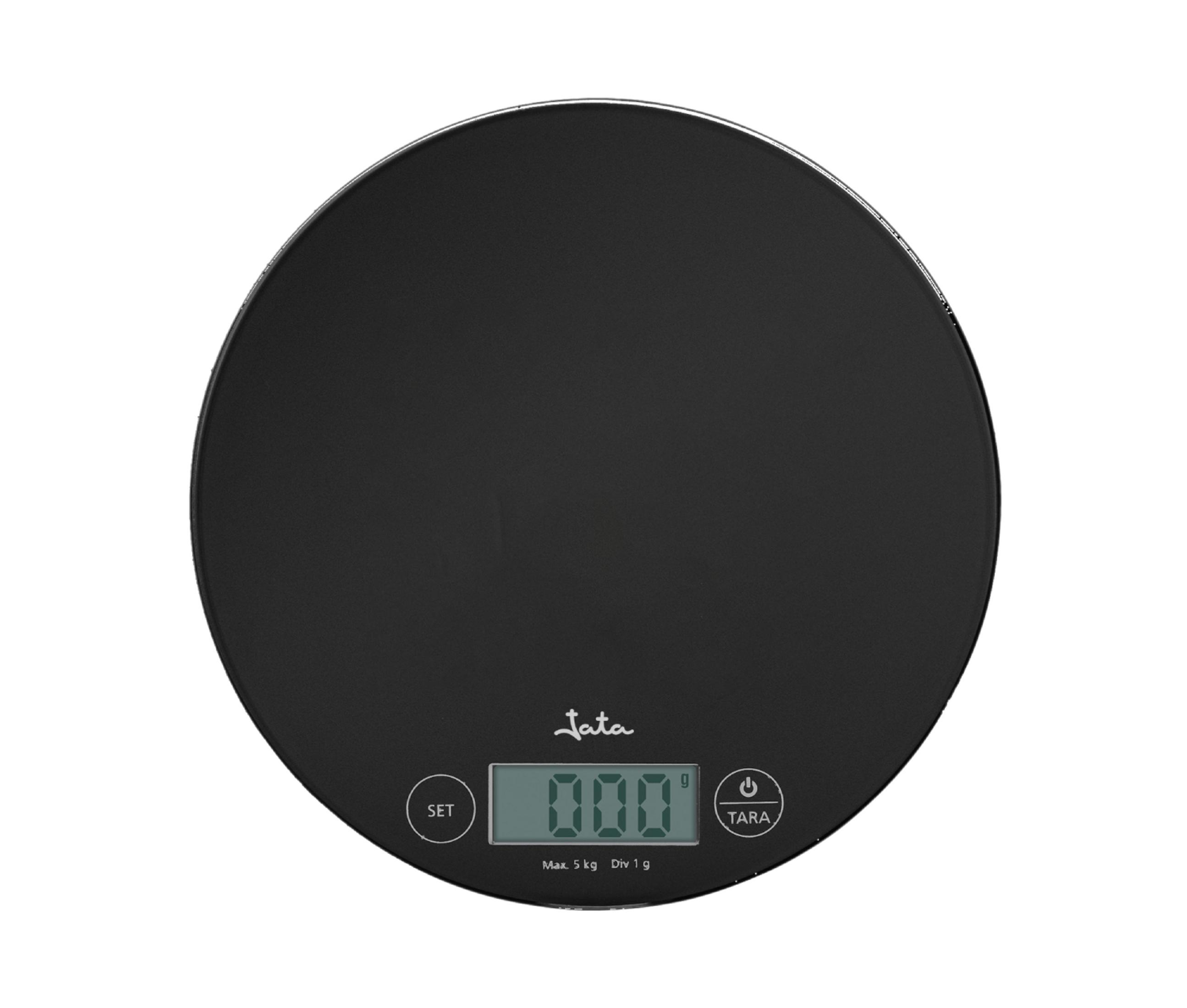 Eine runde schwarze digitale Küchenwaage mit einem digitalen Display, das 000 anzeigt.