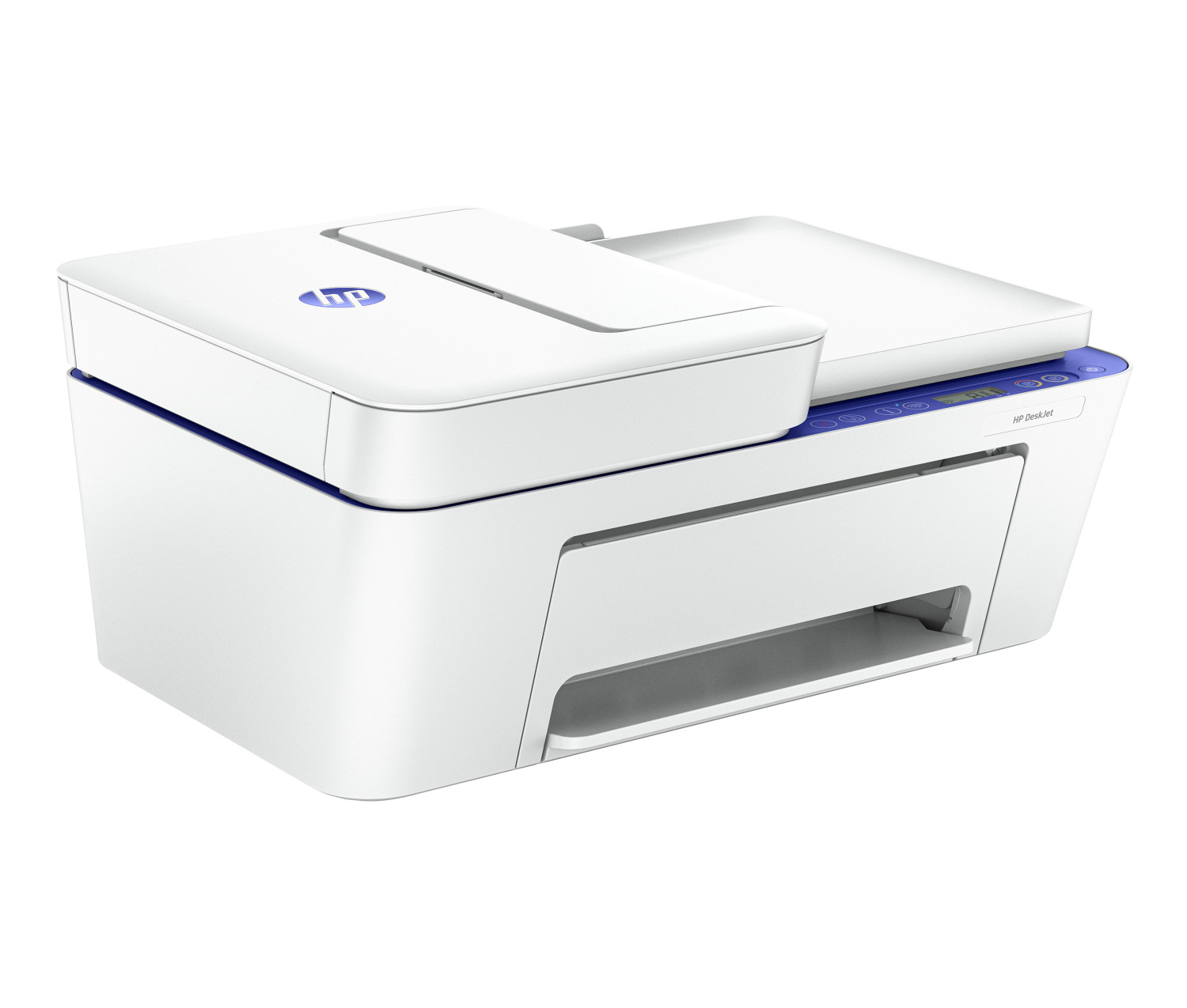 Biała drukarka HP DeskJet z niebieskim akcentem i logo HP.
