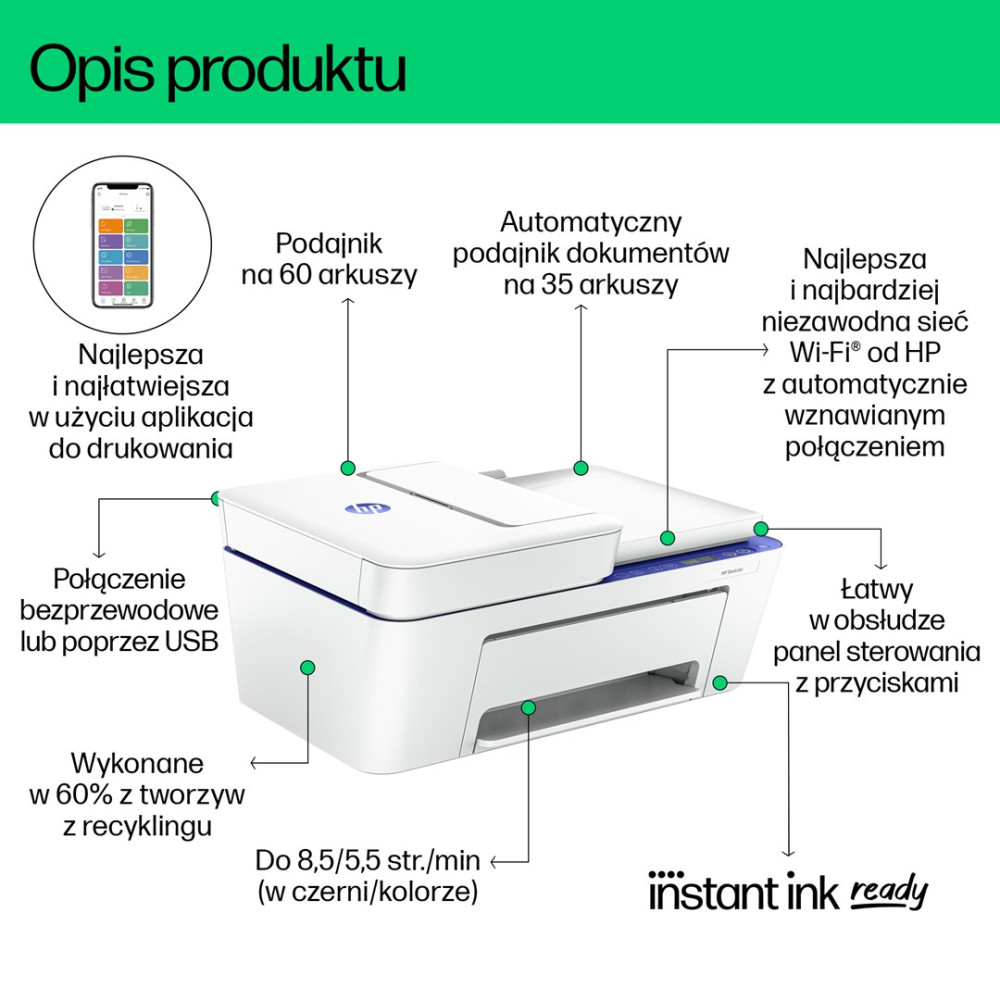 Biała drukarka HP z niebieskimi akcentami, opisana funkcjami jak podajnik na 60 arkuszy.