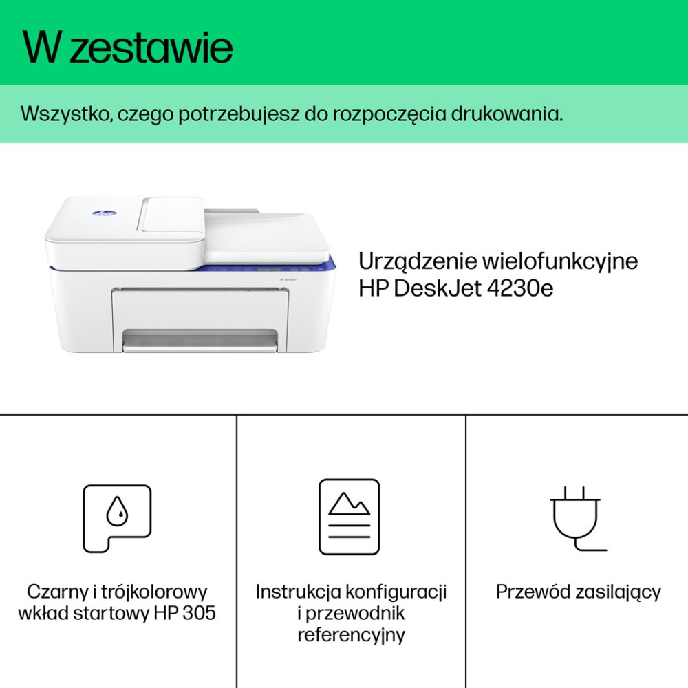 Urządzenie wielofunkcyjne HP DeskJet 4230e z akcesoriami: wkłady, instrukcja, kabel.