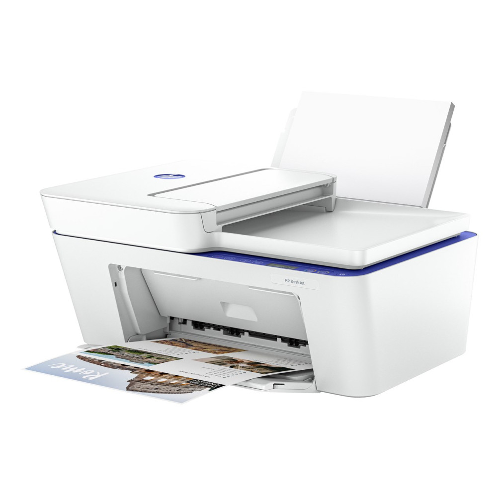 Biała drukarka HP DeskJet z niebieskimi akcentami drukuje arkusz ze zdjęciami Rzymu.