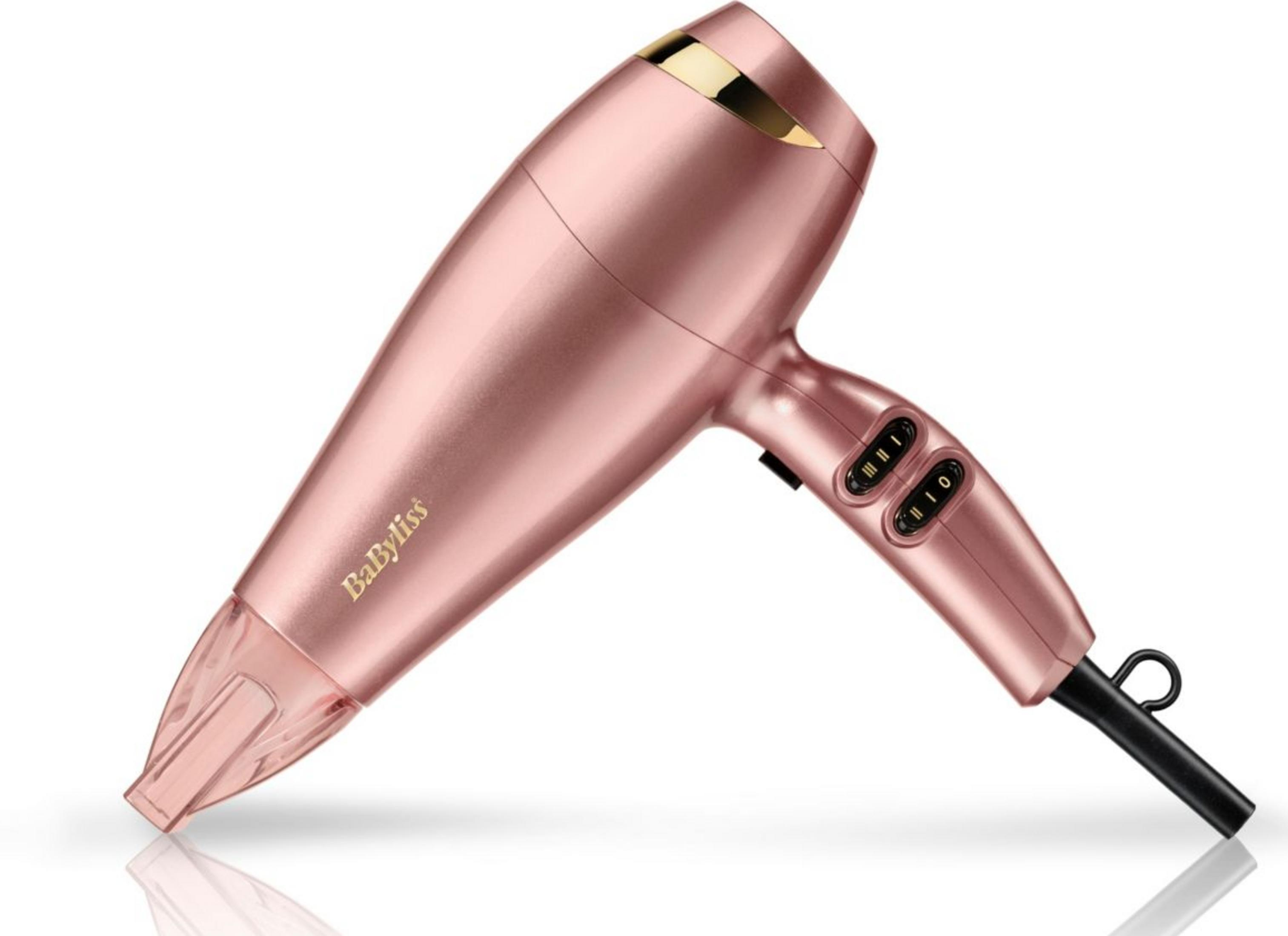 Un asciugacapelli color oro rosa con accenti dorati e pulsanti di controllo.