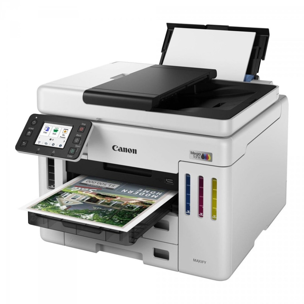 Mürekkep tankları ve bir çıktısı olan beyaz bir Canon MAXIFY yazıcı.