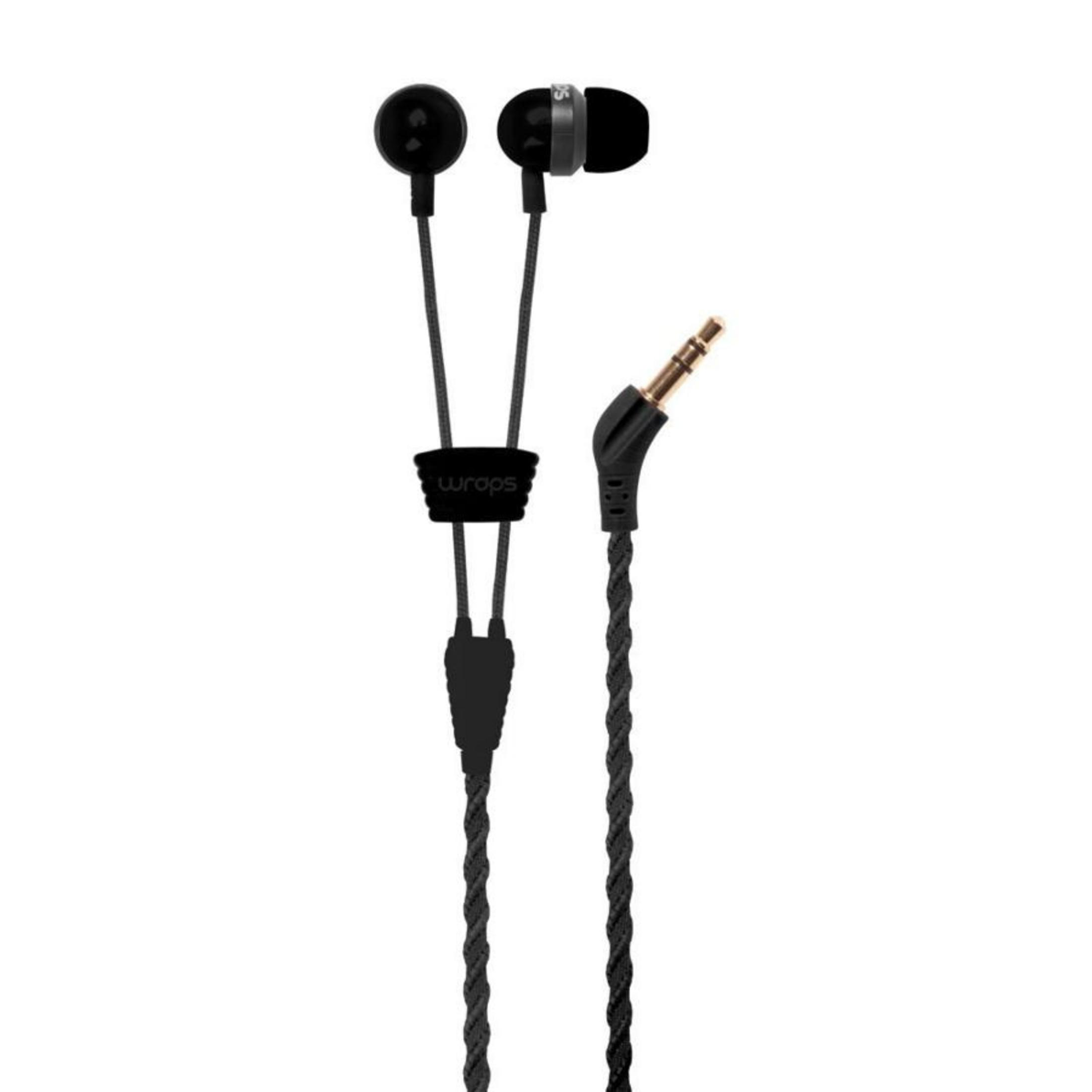 Auricolari neri con jack audio con punta dorata e sfondo bianco.