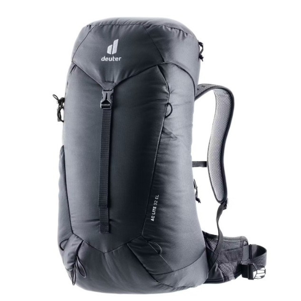 Uno zaino Deuter scuro con logo e fibbie su sfondo bianco.