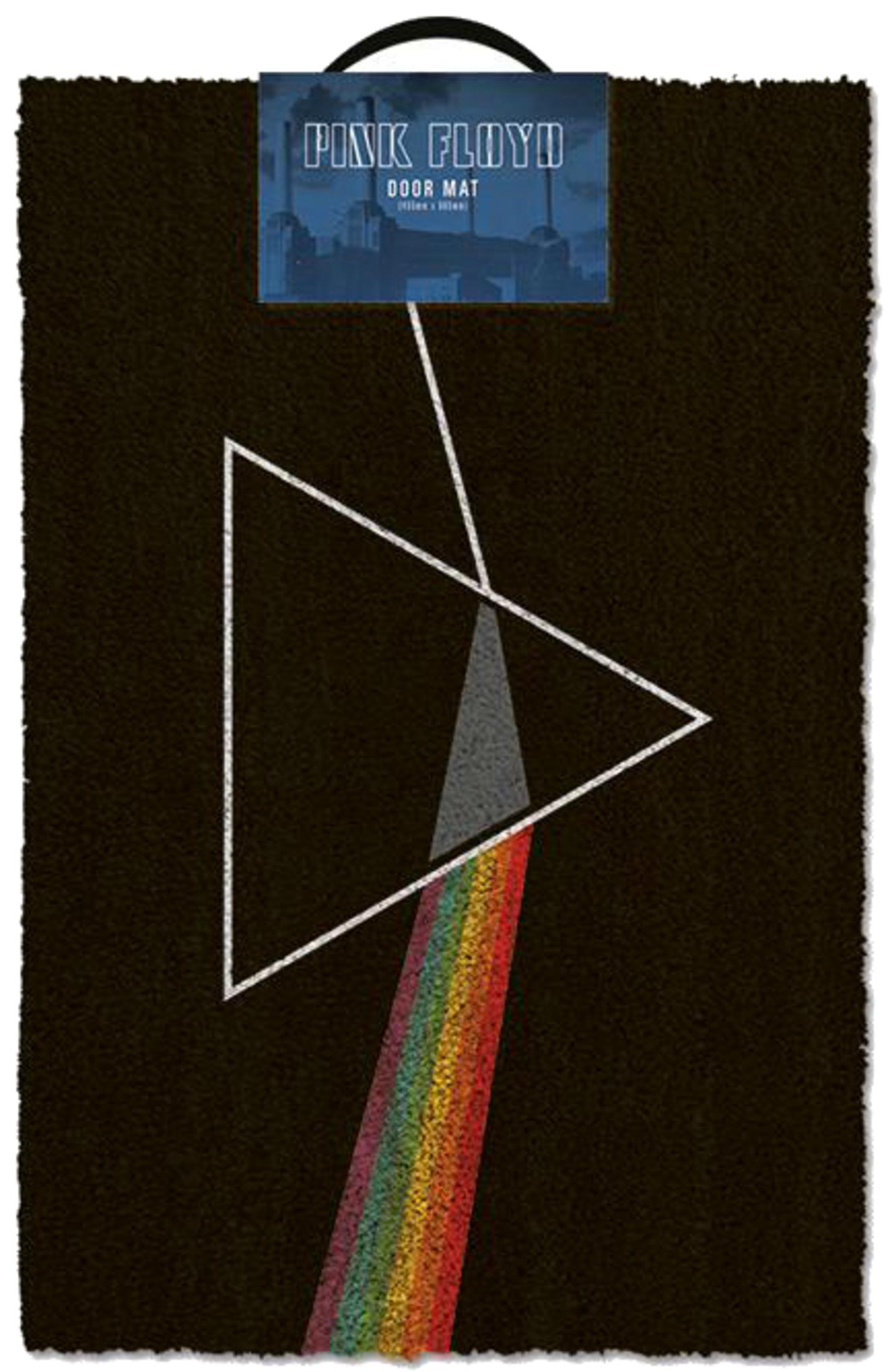Schwarze Fußmatte mit dem Pink Floyd Prisma-Design und Regenbogenlicht.