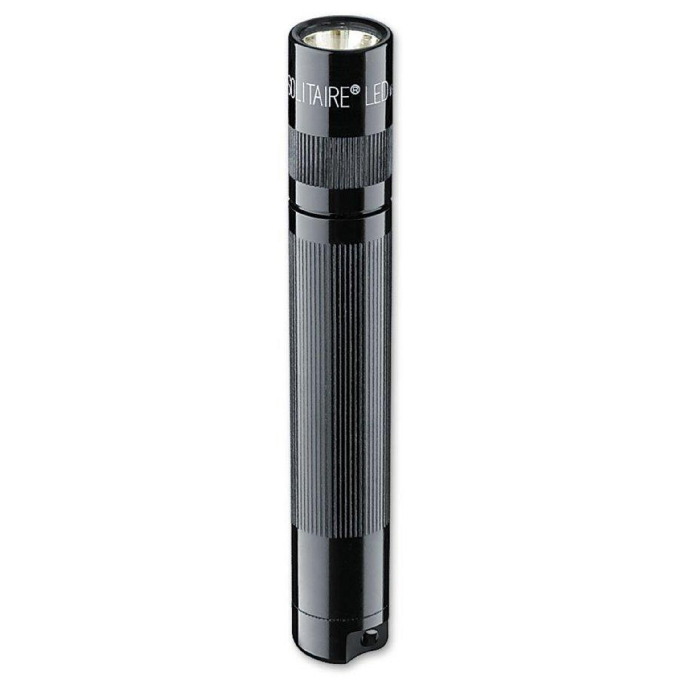 Kompakte schwarze LED-Taschenlampe mit gerilltem Griff und silbernem Reflektor.