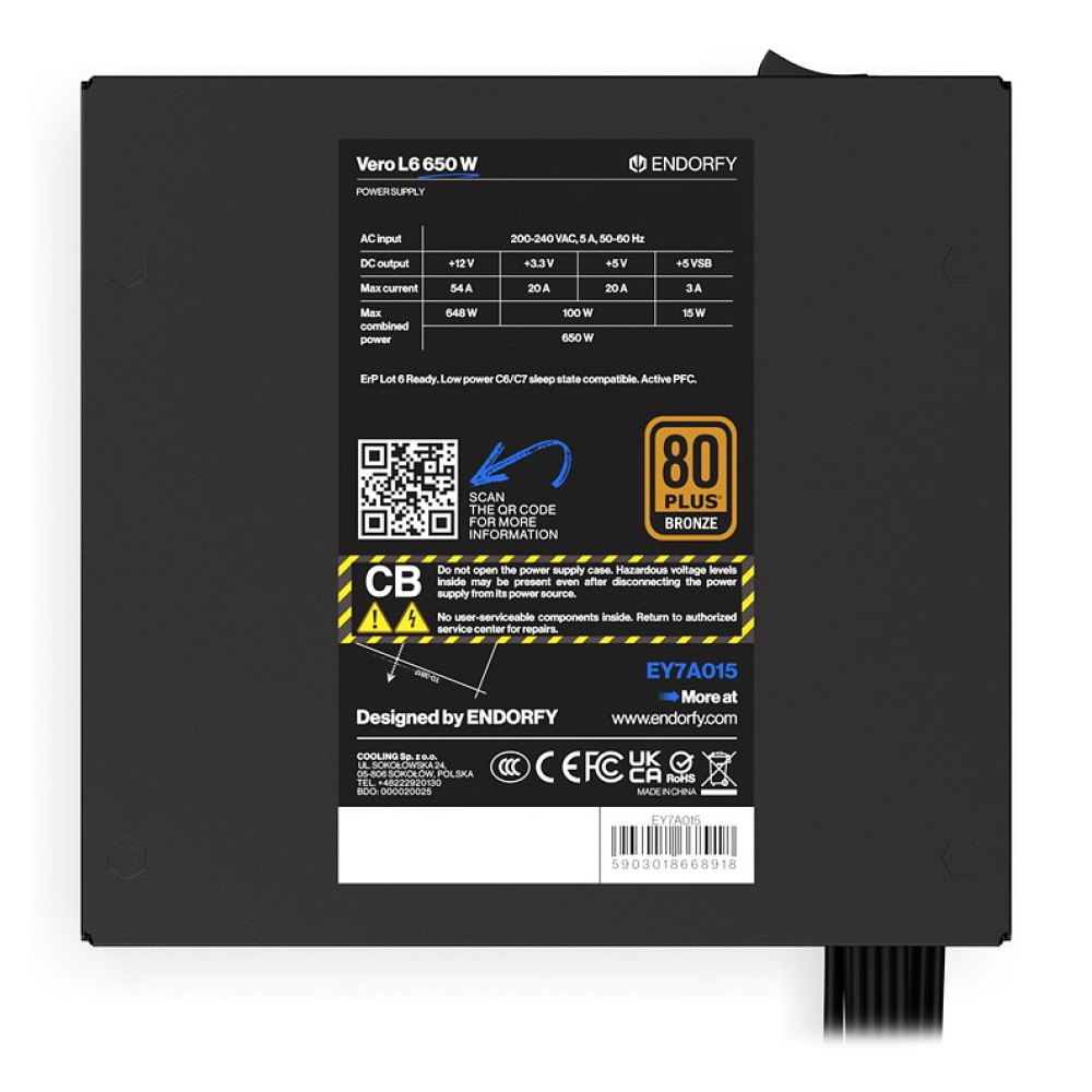 Zasilacz Vero L6 650W, 80 Plus Bronze, kod QR i etykiety ostrzegawcze.