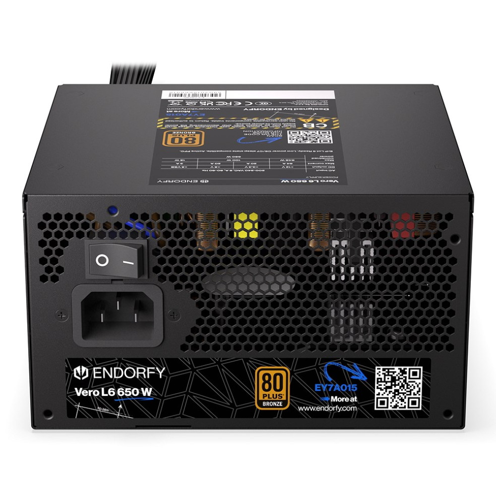 Czarny zasilacz Endorfy Vero L6 650W z certyfikatem 80 Plus Bronze.