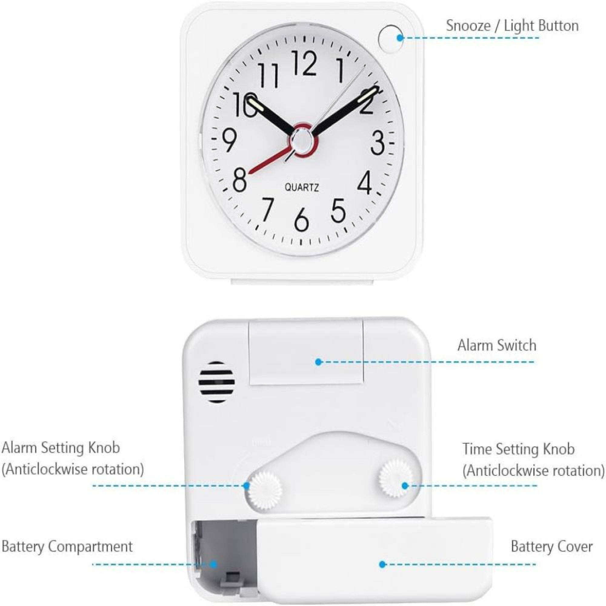 Weiße analoge Weckuhr mit Schlummertaste, Alarm-Schalter und Batteriefach.