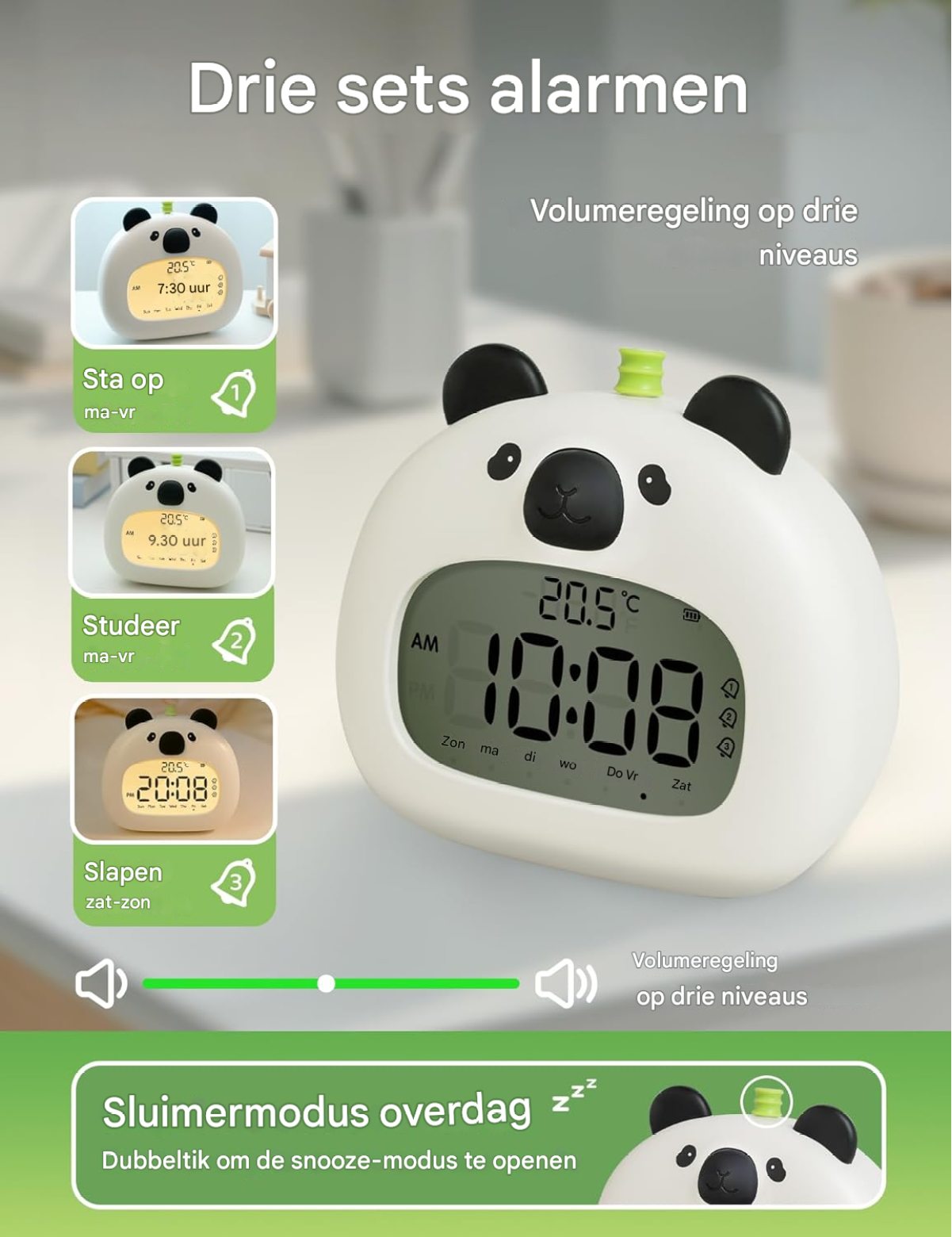 Weißer Panda-Wecker mit digitaler Anzeige, die 10:08 Uhr und 20,5°C zeigt.