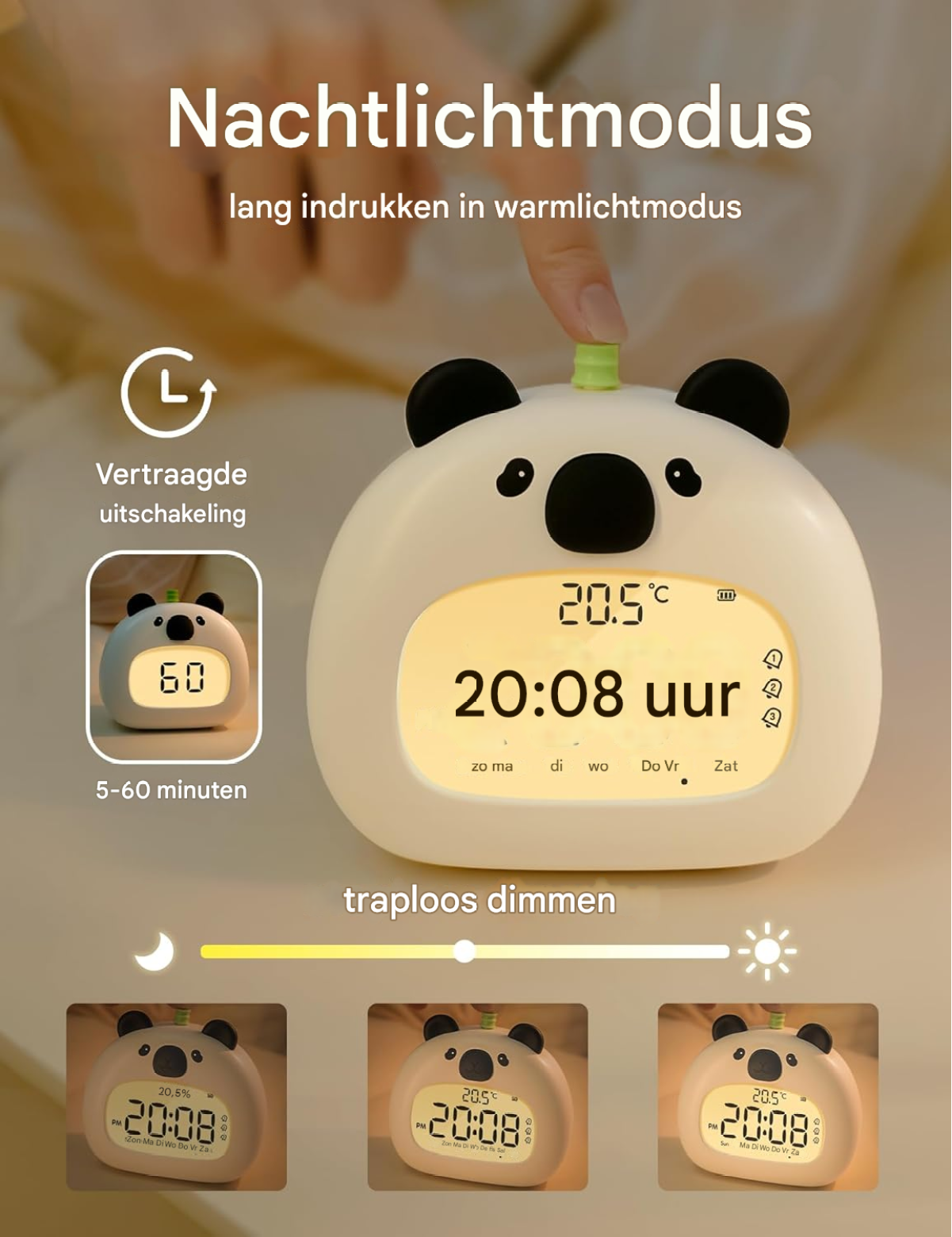 Niedlicher Panda-Wecker mit Nachtlicht und Temperaturanzeige.