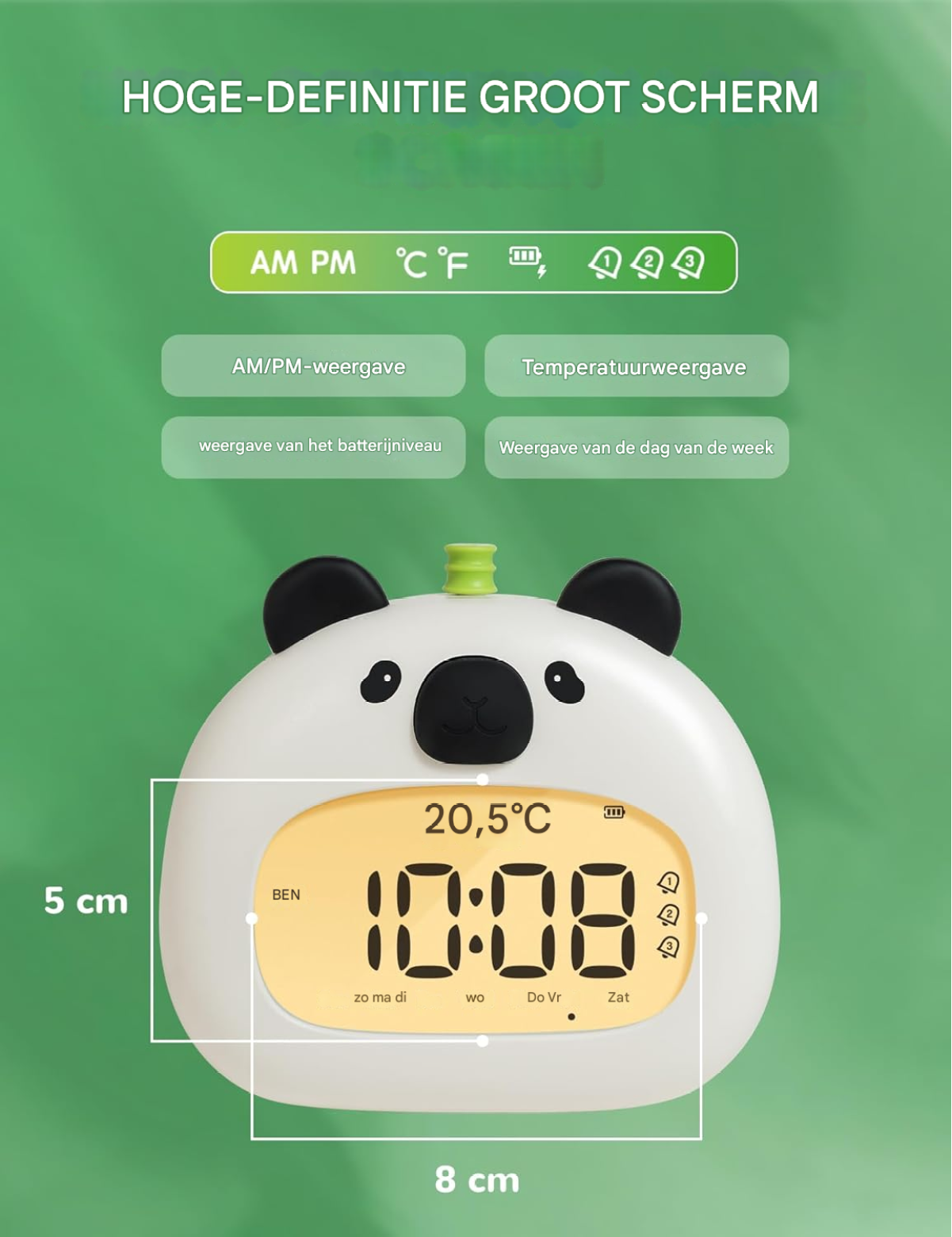 Ein Panda-Wecker mit digitaler Anzeige zeigt 10:08 Uhr und 20,5°C an.