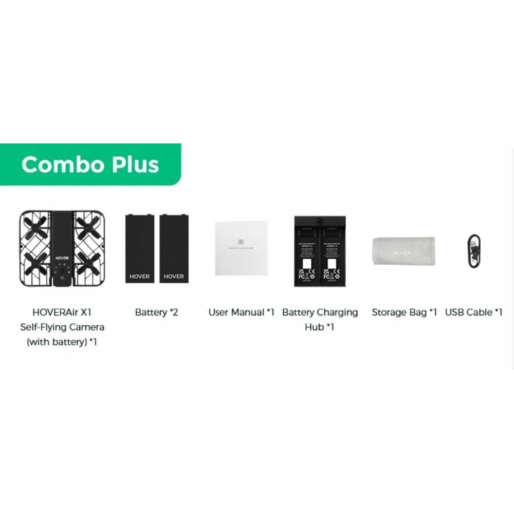 Pakiet Combo Plus zawiera: drona, 2 baterie, instrukcję, ładowarkę, torbę, kabel USB.
