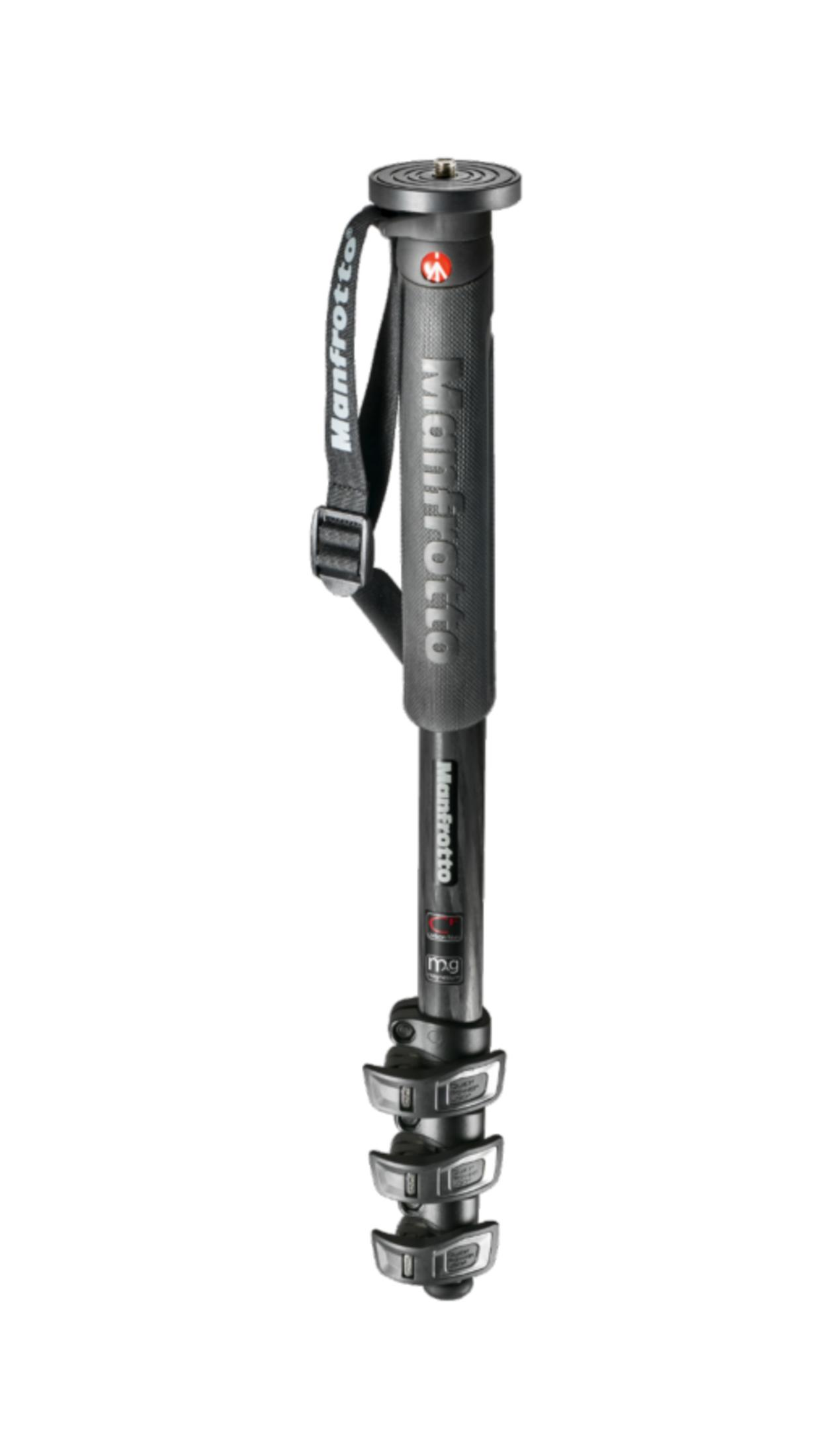 Ein schwarzer Manfrotto Einbeinstativ mit silbernen Klammern und Riemen.