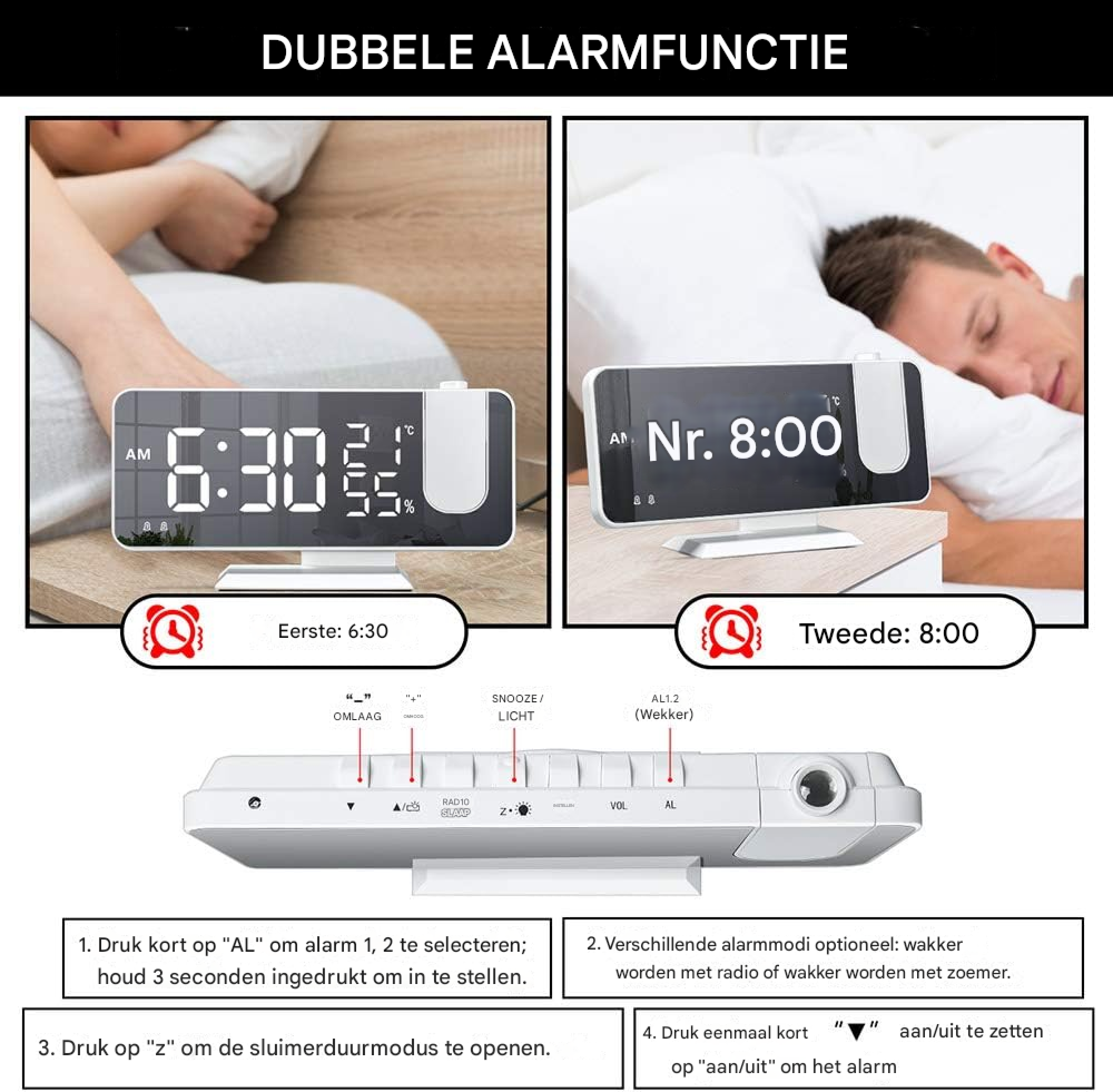 Ein Projektionswecker zeigt 6:30 AM und 8:00 AM, mit Bedienungsanleitung.