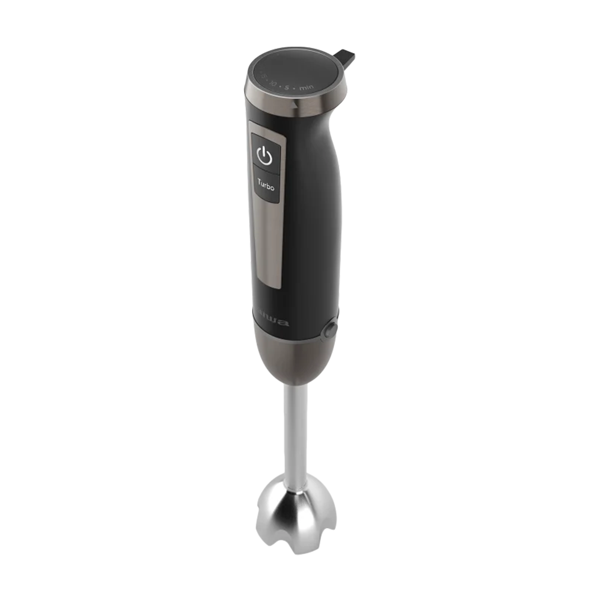 Czarny blender ręczny z srebrnymi akcentami, przyciski zasilania i turbo.