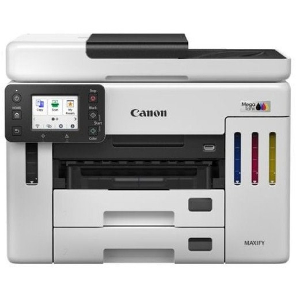 Una stampante Canon MAXIFY bianca con touchscreen e serbatoi d'inchiostro visibili.