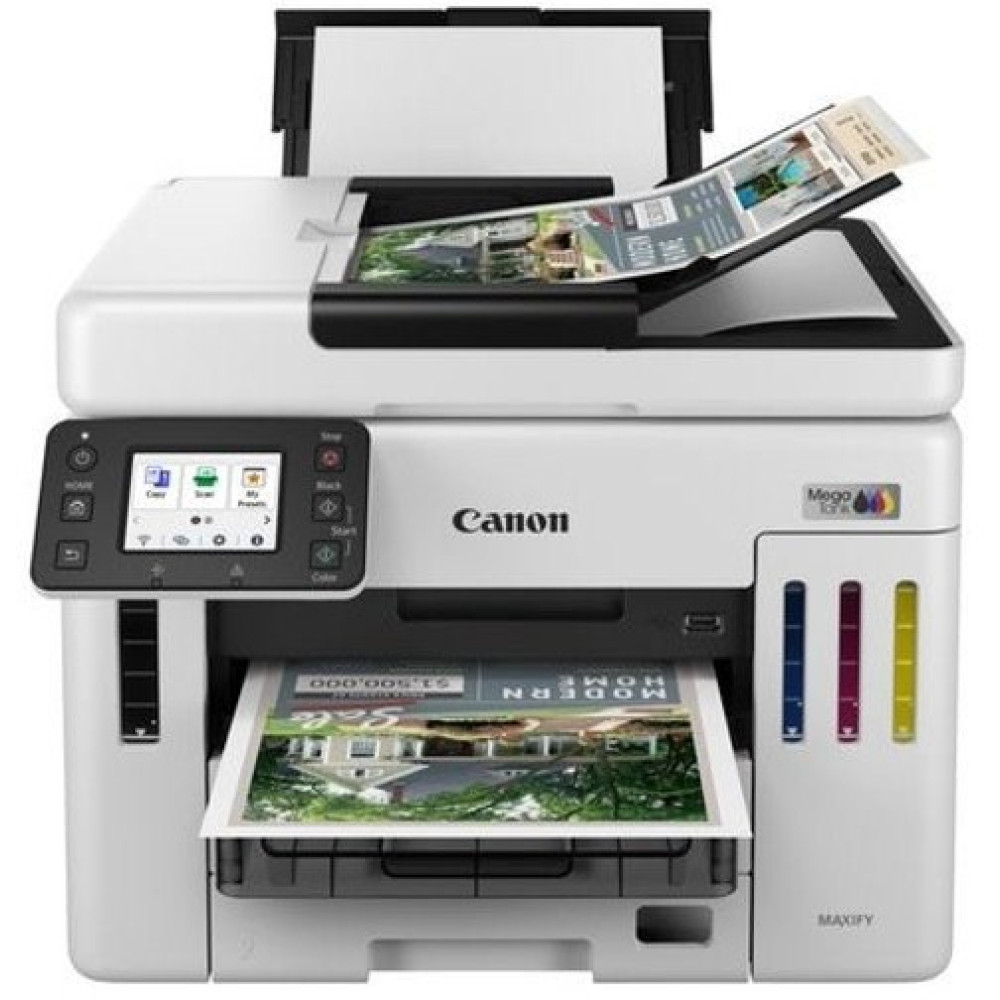 Una stampante Canon Maxify bianca con schermo LCD e serbatoi d'inchiostro.
