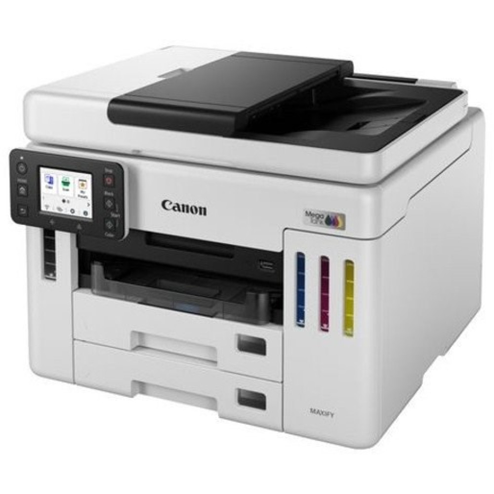 Una stampante Canon MAXIFY bianca con touchscreen e serbatoi d'inchiostro visibili.