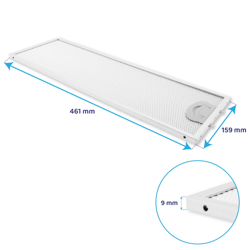 Un filtro cappa da cucina bianco con dimensioni: 461 mm lunghezza, 159 mm larghezza, 9 mm spessore.