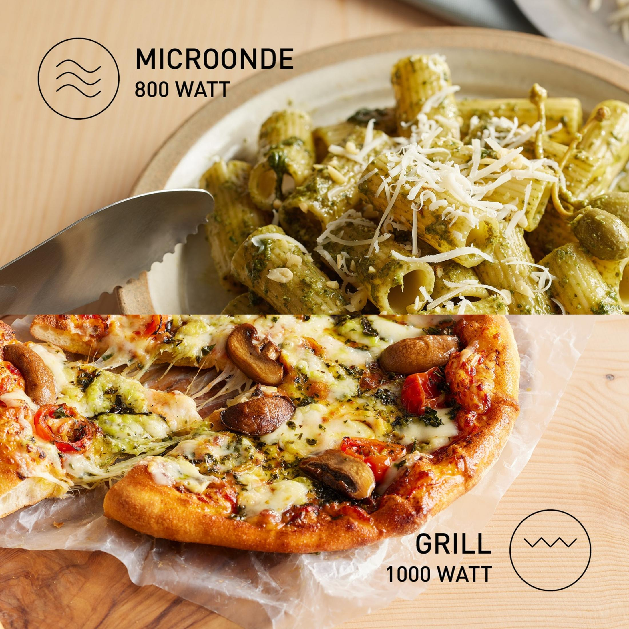 Oben: Pasta mit Pesto und Käse. Unten: Pizza mit Pilzen und Tomaten.